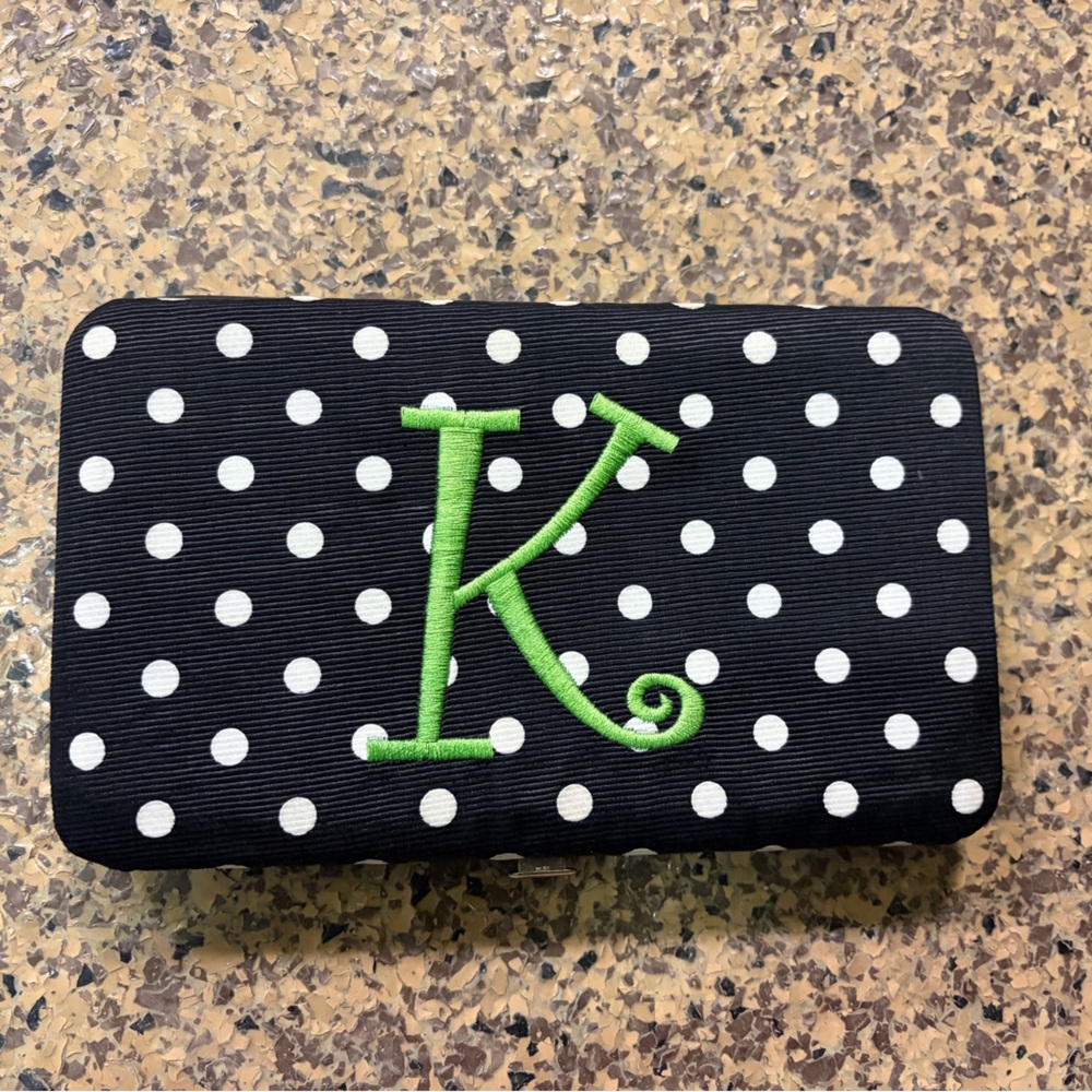 Polka Dot Clutch/Wallet with Green Embroidery “K”